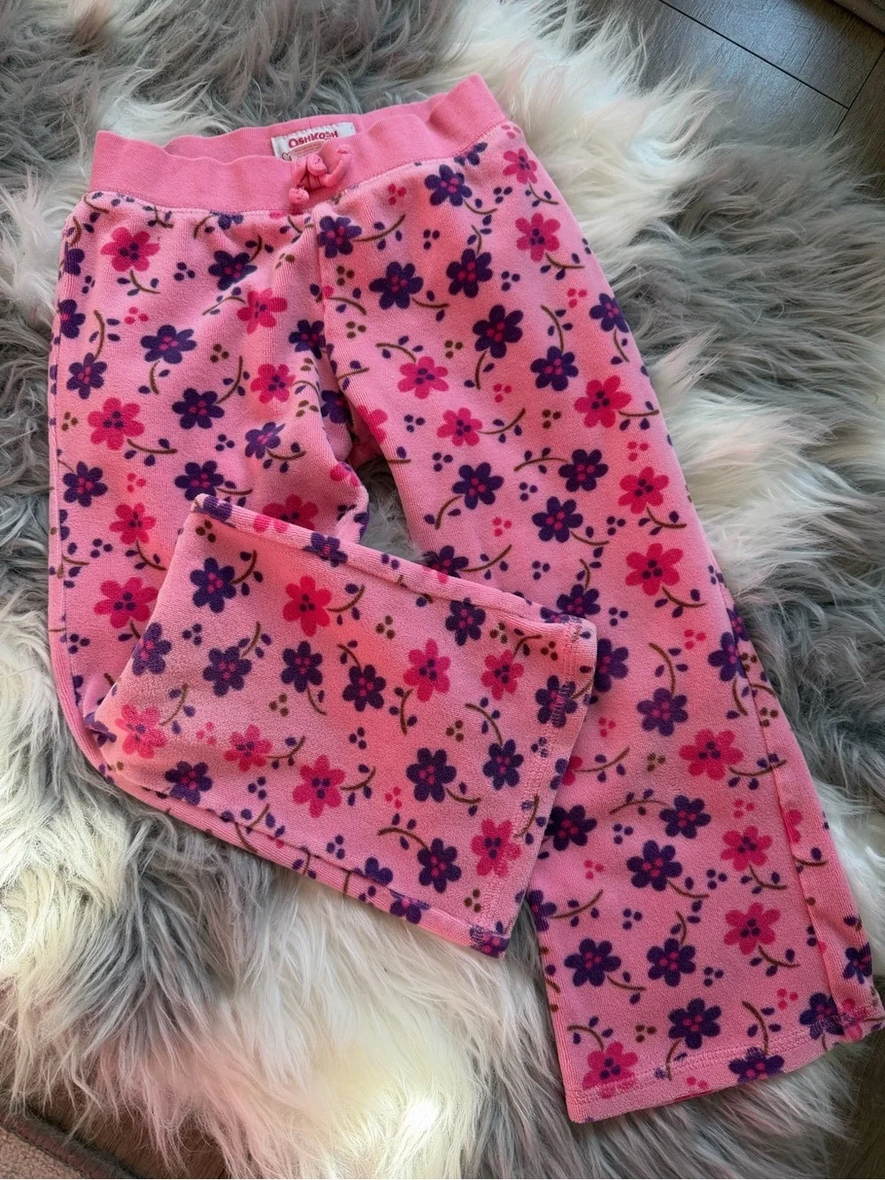 Vtg 2000s OshKosh B'gosh Pink Floral Velour Flare Pants 4T Y2K Ruffle Back